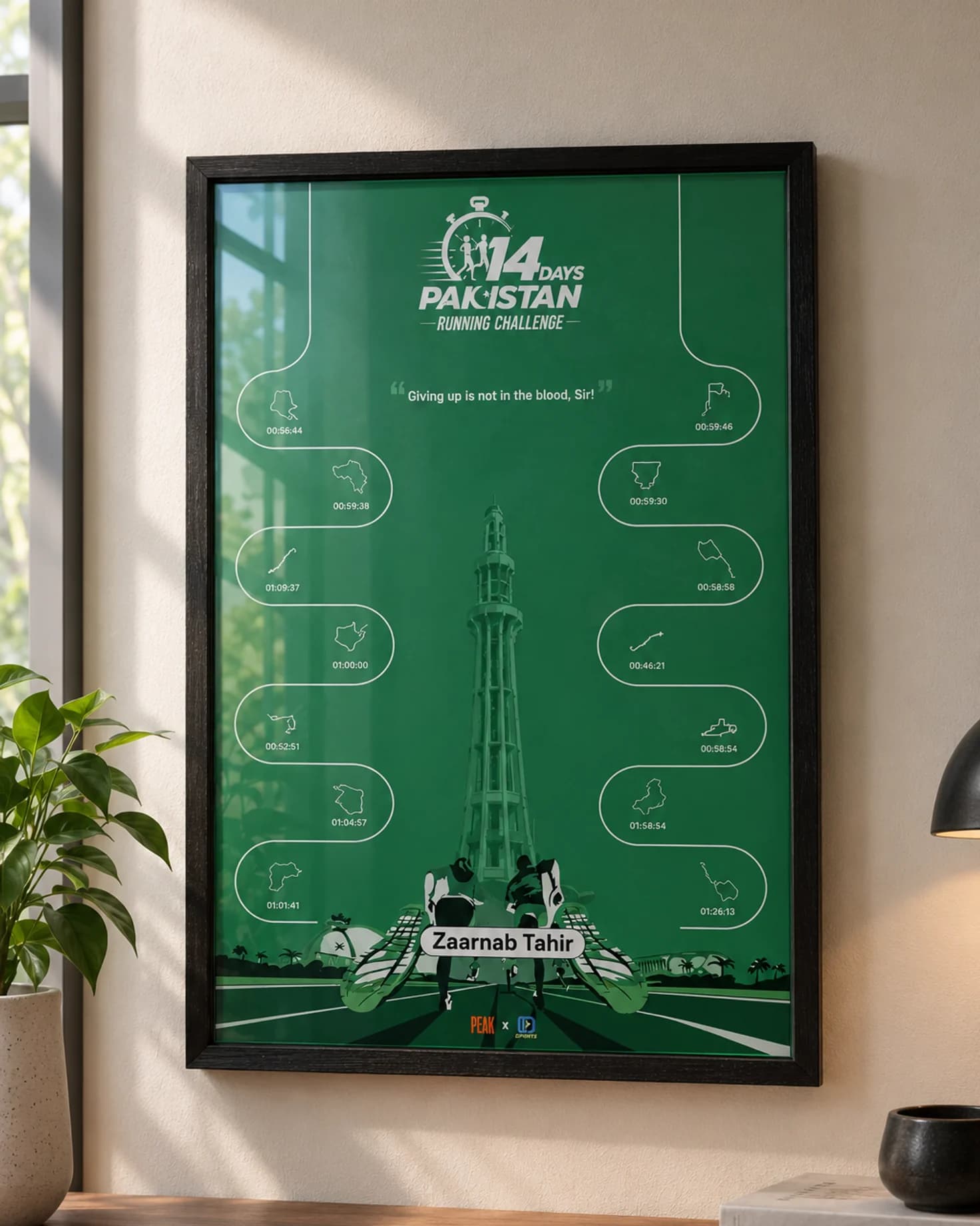 The ODSports 14 Days Pakistan Running Challenge frame hanging above a sideboard
