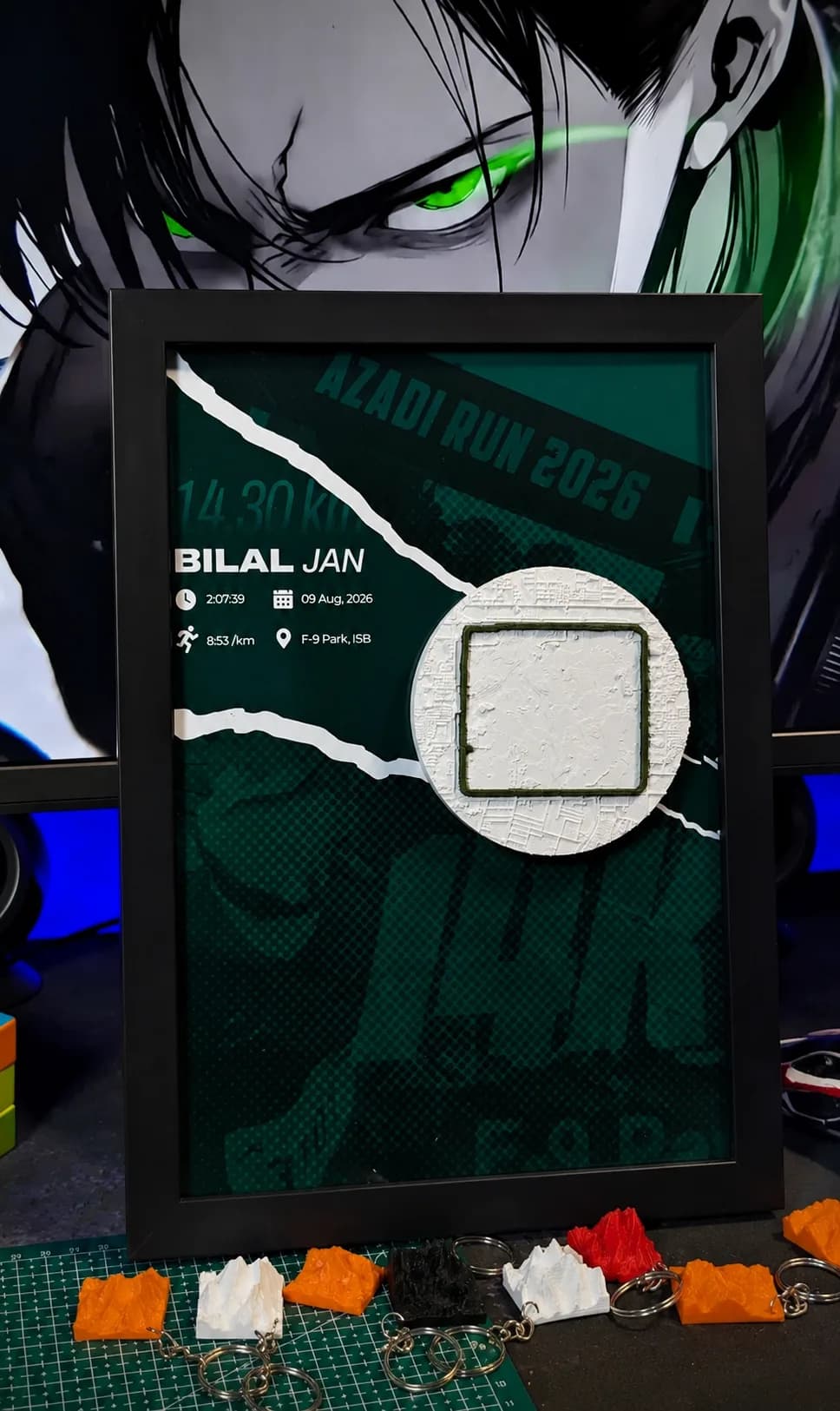 Black-framed Azadi Run 2026 artifact with a circular F-9 Park relief
