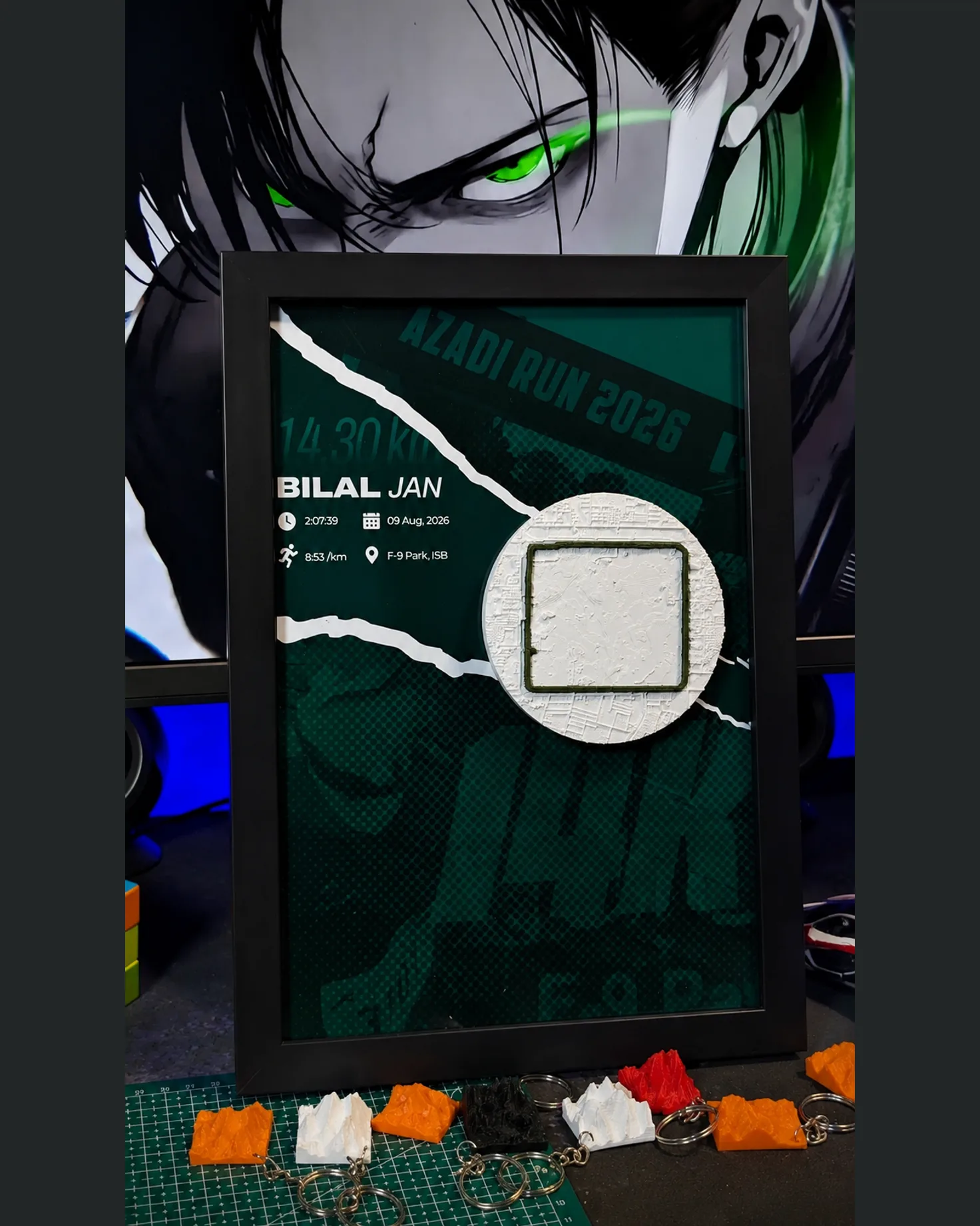 Black-framed Azadi Run 2026 artifact with a circular relief